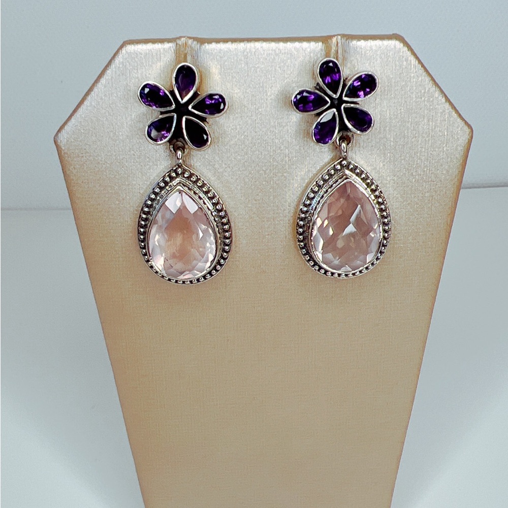 🌟NICKY BUTLER 925 Sterling Silver Rose Quartz Amethyst Pear Drop Earring… - Picture 9 of 10